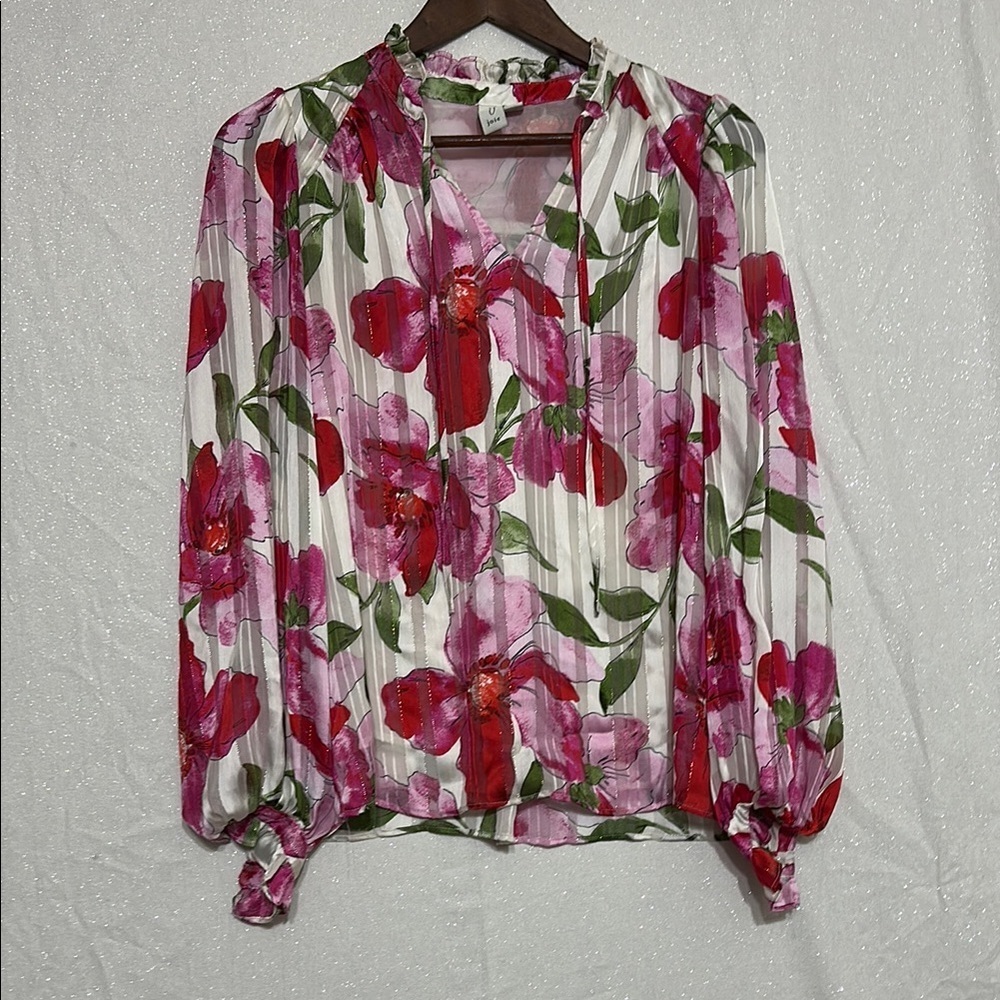 Joie Pink and Red Pleated Long Sleeve Blouse